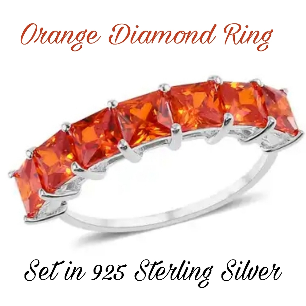 Orange Diamond 7 Stone Ring in Sterling Silver 4.00 ctw